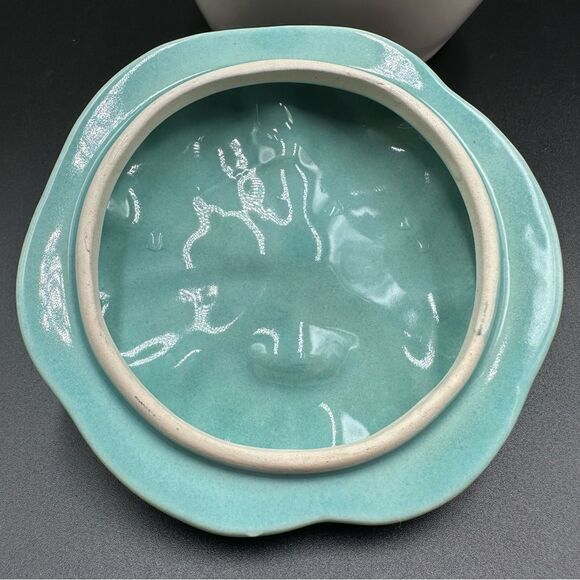 Hoenig of California Mid Century Ceramic Apple Lidded Bowl White and Turquoise - Picture 8 of 13